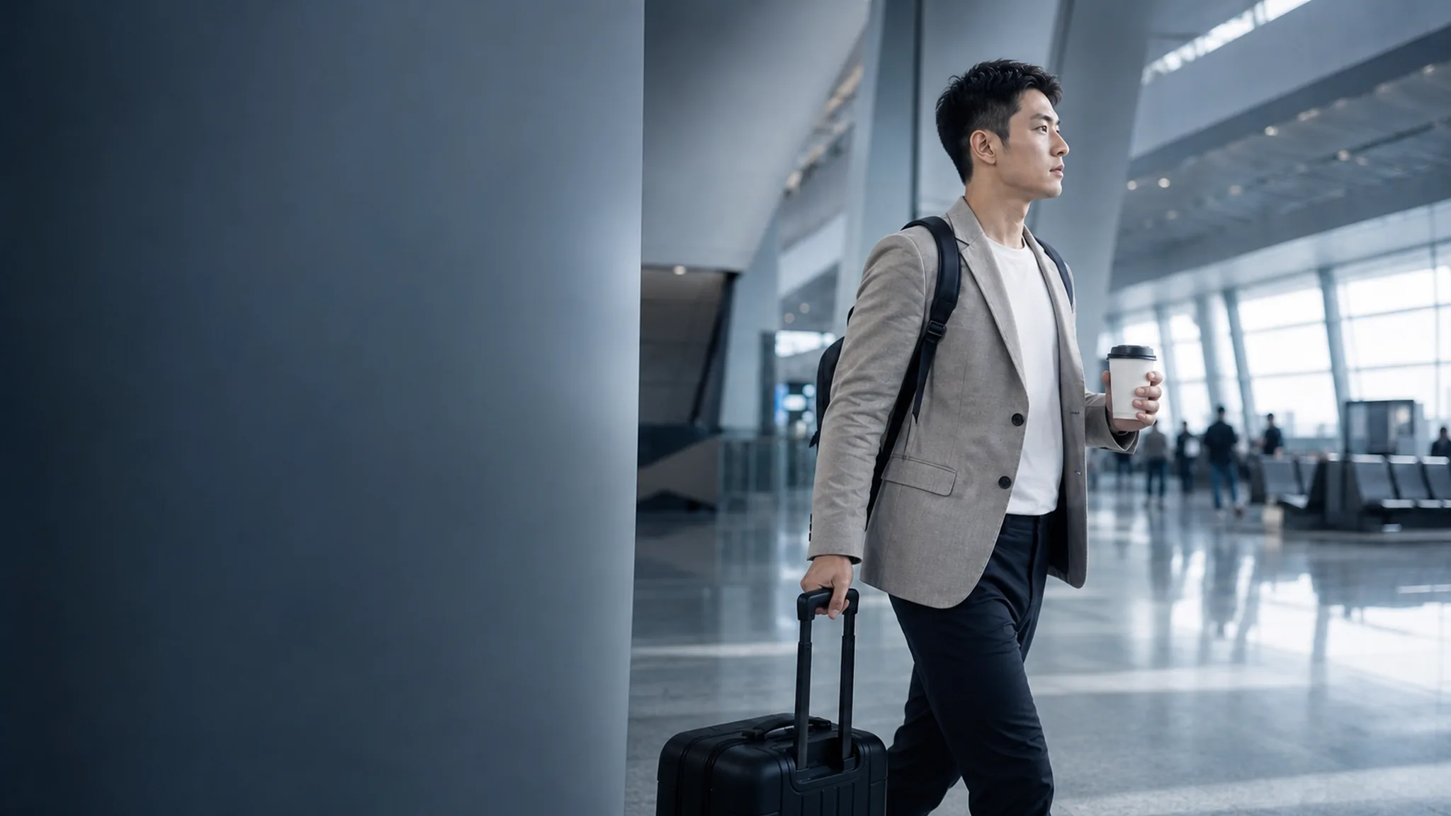 旅客双手被行李与咖啡占用