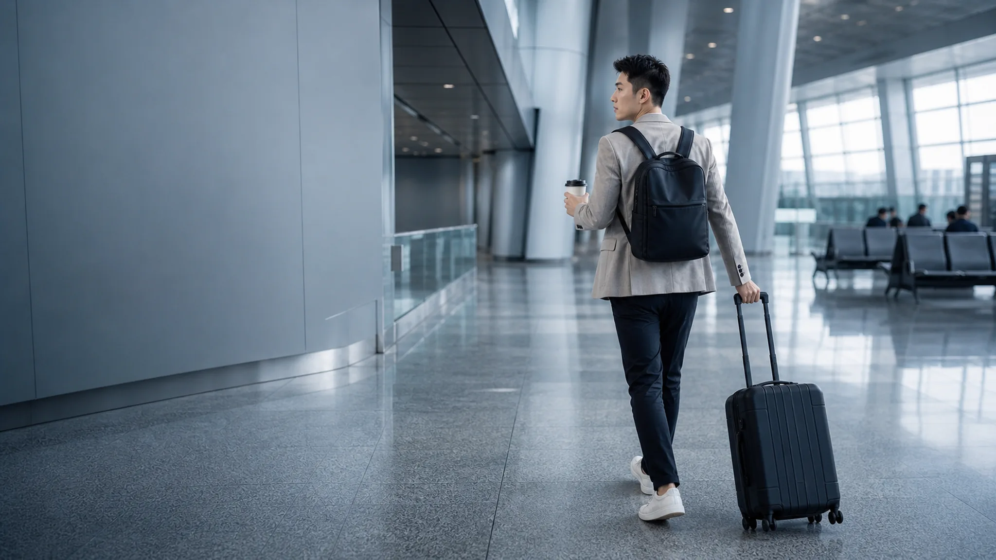 旅客手持咖啡、拉着行李走过机场通道
